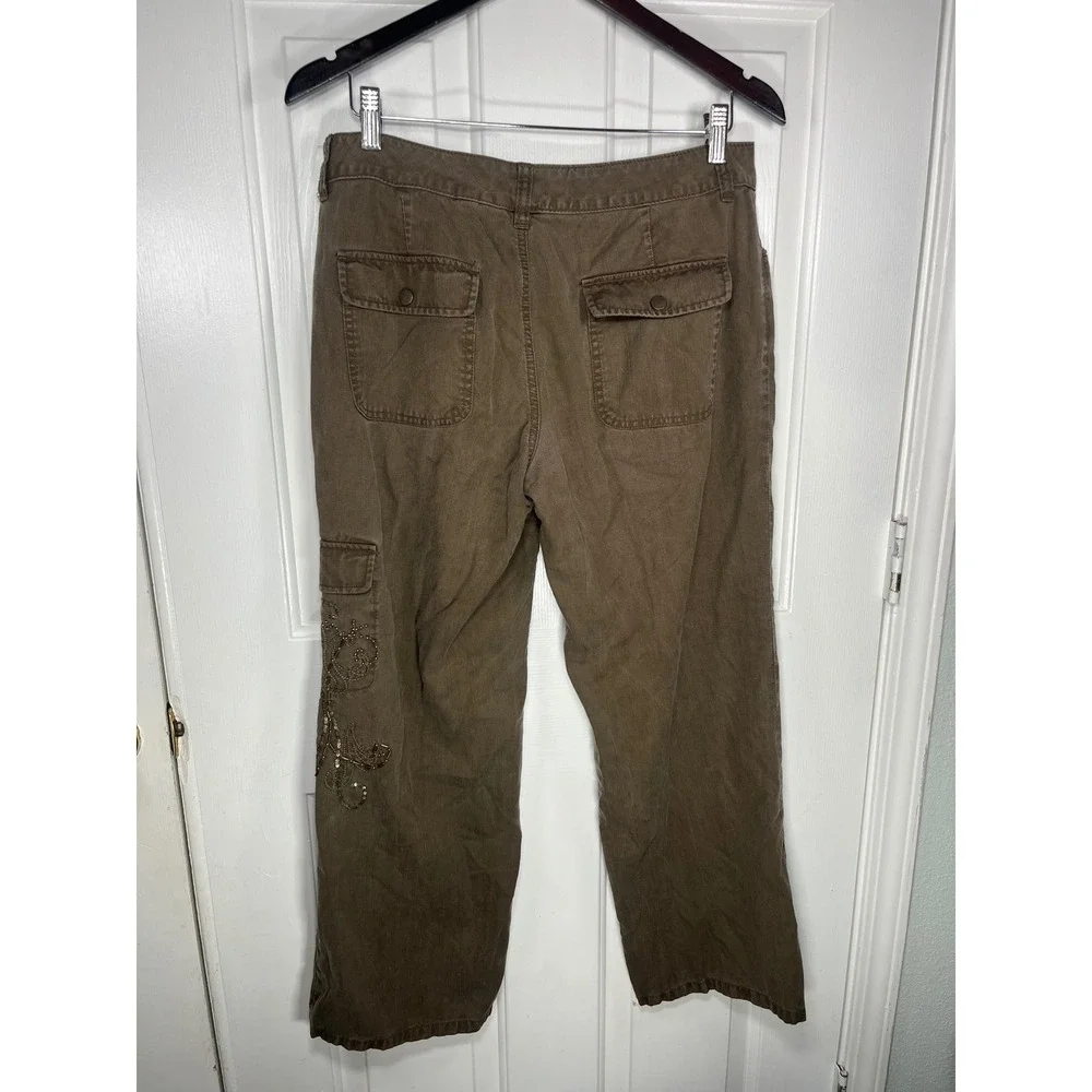 Coldwater Creek Cargo Pants P10 Brown Tencel Blend Embroidered Utility Boho